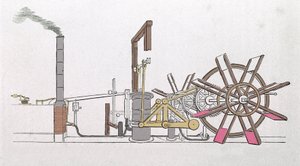 Schema der Radwelle des Dampfschiffs „Le Clermont“, gebaut 1807 von Robert Fulton für die Verbindung New York - Albany am Hudson. Zeichnung.