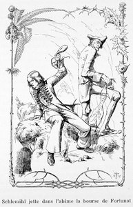 Schlemihl wirft Fortunats Geldbeutel in den Abgrund - in „Die wunderbare Geschichte von Peter Schlemihl“ von Adelbert von Chamisso von Unknown artist