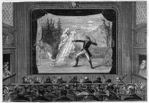 Wissenschaftliche Shows: lebende Spektren. Erleben Sie die Spektren auf der Theaterbühne. Ein Komiker kämpft gegen einen Geist. Gravur in „La Nature“ von Unknown artist