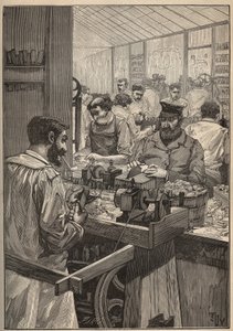 Meerschaum: Herstellung von Meerschaumpfeifen. Gravur von 1885 in „Les arts et métiers illustrés“ von Adolphe Bitard.