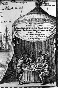 Sebastiano Caboto (Sebastien Cabot) auf einer Navigationskarte mit anderen Navigatoren. Anfang des 17. Jahrhunderts