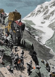 Zweiter Punischer Krieg. Die Armee von Hannibal Barca überquert die Alpen, 218 v. Chr. Italienische Gravur des 19. Jahrhunderts.