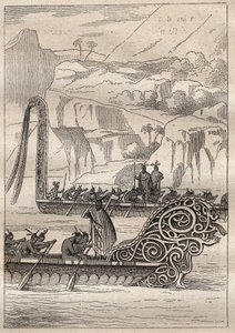 Zweite Reise (1772-1775) von Kapitän James Cook (1728-1779): Kriegskanus der Neuseeländer - Illustration aus „Die großen Seefahrer des 18. Jahrhunderts“