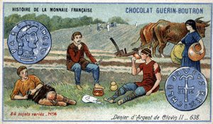 Serie Histoire de la Monnaie Française veröffentlicht von Chocolat Guérin Boutron. Chromolithographie 19. Jahrhundert. Silberdenar von Clovis II im Jahr 638 von Unknown artist