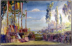 Bühnenbild für „Die Meistersinger“ oder „Die Meistersinger von Nürnberg“, Oper von Richard Wagner. Akt II