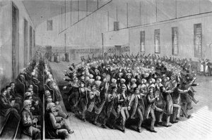 Shaking Quakers religiöse Prozession (Tanz) in New York. Illustration aus dem 19. Jahrhundert