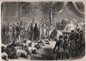 Die siamesischen Botschafter kriechen bei einer feierlichen Audienz in Fontainebleau vor der französischen kaiserlichen Familie in Anwesenheit von Napoleon III. (1808-1873), Eugenie (Eugenia de Montijo) von Unknown artist