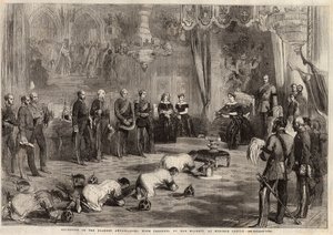 Siam-Botschafter krochen zu Königin Victoria I. (1819-1901) und Prinz Albert (1819-1861) während ihres Besuchs im Windsor Castle. Gravur in „The Illustrated London News“ vom 5. Dezember 1857.