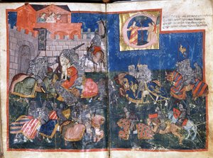 Belagerung von Pamplona in Spanien durch Karl den Großen. Miniatur aus „Entree of Spain“. 14. Jahrhundert, Venedig, Biblioteca Marciana.