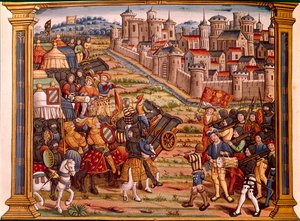 Belagerung einer Stadt mit Bomben: Ludwig XI. gegen die Lütticher. Miniatur aus dem Manuskript „Les epitaphes des feux kings Louis XIth of this name and from Charles his son VIII of this name that god absoe“