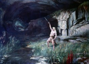 Siegfried, der dem Drachen Fafner gegenübersteht, schwingt sein Schwert. Szene aus der Oper „Der Ring des Nibelungen“ von Richard Wagner (1813 - 1883). Gemälde. von Unknown artist