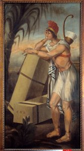 Schild der Tabakhändler, das einen amerikanischen Indianer darstellt, der sich auf Kisten mit Tabak lehnt, die zum Versand auf Schiffe bereit sind, die Produkte der Neuen Welt exportieren von Unknown artist