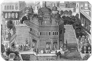Sikhismus: Blick auf den Goldenen Tempel (Harmandir Sahib), das kulturelle Zentrum der Sikh-Religion, das Becken und die Stadt Amritsar im Bundesstaat Punjab, Indien (Königreich Lahore).