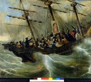 Untergang eines Schweizer Auswandererschiffs. Ex Voto von 1856 aus dem Heiligtum der Madonna del Sasso in Locarno. Gemälde zugeschrieben Giovanni Antonio Vanoni von Unknown artist