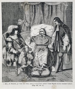 Sire, sagte Mazarin, „Ich verdanke Ihnen alles: aber ich zahle Ihrer Majestät, indem ich ihm Colbert gebe.“ Kardinal Jules Mazarin (Giulio Raimondo Mazzarino oder Mazarino) (1602-1661) präsentiert Jean Baptiste (Jean-Baptiste) Colbert (1619-1683) Louis XIV von Unknown artist