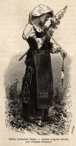 Kleine Contadine (Bäuerin) aus der Umgebung von Rom, die Wolle mit ihrer Spindel spinnt. Gravur zur Illustration der Reise nach Rom, von Francis Wey, 1864-1870, veröffentlicht in „Le Tour du Monde“ 1870-1871, herausgegeben von Edouard Charton, Hachette, Pa von Unknown artist