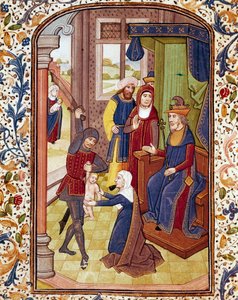 Salomons Urteil. Zwei Frauen behaupten, die Mutter desselben Kindes zu sein. Miniatur aus einem Manuskript des 15. Jahrhunderts. Coimbra, Bibliothek der Universität. von Unknown artist
