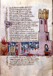 Chanson de geste: Kampfszene in der Nähe einer befestigten Stadt (wahrscheinlich die Eroberung Spaniens durch die Armee Karls des Großen). Miniatur aus dem französisch-italienischen Manuskript „Entrée d