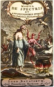 Hexen bereiten Tränke vor, beobachtet von Teufeln, Frontispiz aus „Magica de spectris et apparitionibus spiritu de vaticiniis, divinationibus“ von Henningus Grosius