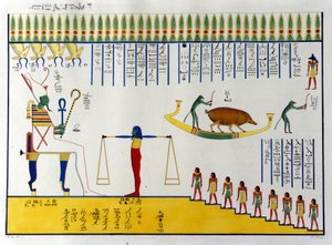Die Seelen werden von Osiris gewogen und je nach Urteil fliegen sie zu den freien Geistern oder kehren in Tierkörper zurück, um den tödlichen Zyklus der Wanderungen wieder aufzunehmen. Grab von Biban-el-Moluk