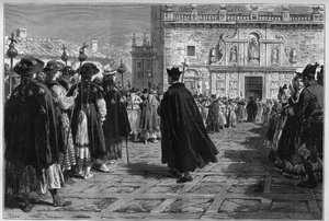 Spanien 1880: die Feste von Santiago de Compostela, die Prozession der Pilger am Eingang der Basilika. von Unknown artist