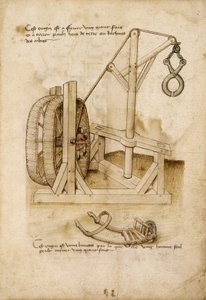 „Eichhörnchen“-System mit Klaue zum Heben einer Baustellenlast und Schubkarre - Manuskript: Pergamentblatt aus einem Ingenieurshandbuch für den Bau ziviler, religiöser und militärischer Gebäude, anonym, Ende des 15. Jahrhunderts (Figur in chinesischer Tint