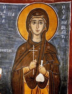 Die heilige Anastasia, Heilerin der Pferde mit Flasche Heilmittel und Kreuz, byzantinische Kirche Unserer Lieben Frau von Asinou (12. Jahrhundert) (Unesco-Welterbeliste, 2001), Troodos-Gebirge, Zypern, Detail