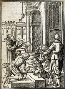 Steinmetze arbeiten am Bau einer Kathedrale - Gravur von Unknown artist