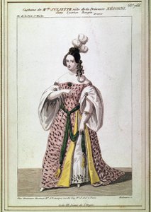 Kostüm von Miss Juliette Drouet für die Rolle der Prinzessin Negroni in Victor Hugos „Lucrece Borgia“. Gravur des 19. Jahrhunderts