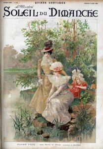 Sommervergnügen: Frauen spielen ein Angelspiel. Gravur in „Le sun-du-dimanche“, 9. Juli