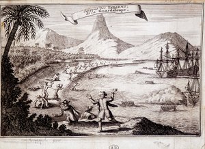 Überraschung der Indianer bei der Landung von Christoph Kolumbus in Guadeloupe (Karavellen) - Gravur von Unknown artist