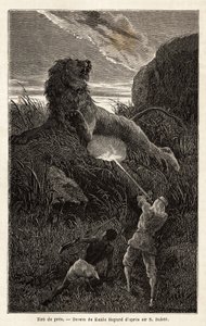 Überrascht von einem Löwen während der Wanderung bei Sonnenaufgang, schießt der Autor und verwundet das Tier. Gravur zur Illustration der Erforschung der abessinischen Nebenflüsse des Nils, von Sir Samuel W.Baker, 1861-62, veröffentlicht in "Le tour du mon von Unknown artist