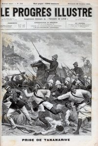Einnahme von Antananarivo - Französische Militärs erobern Antananarivo 1895 - Eroberung von Madagaskar - Eroberung von Tananarive durch die französische Expeditionsarmee am 30. September 1895 - Gravur in „Le Progres Illustré“ von 1895.