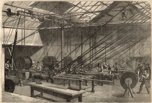 Telegrafie: Herstellung des transatlantischen Kabels. Maschinen, die das Guttapercha-Kabel in der Fabrik von Glass, Elliot and Company in Wharf Road in London, England, beschichten. Gravur in „The Illustrated London News“ vom 14. März