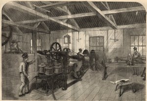Telegraphie: Herstellung des transatlantischen Kabels in der Fabrik von Glass, Elliot and Company in East Greenwich (England). Gravur in „The Illustrated London News“ vom 14. März