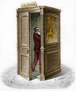 Telefonzelle im Jahr 1888. Gravur in "Das Journal der Jugend"