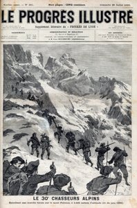 Die 30. Alpenjäger führen einen Gewaltmarsch auf den Mont Pelvoux in 3400 Metern Höhe am 21.-24. Juni 1895 durch - Gravur in „Le Progres illustré“ von 1895