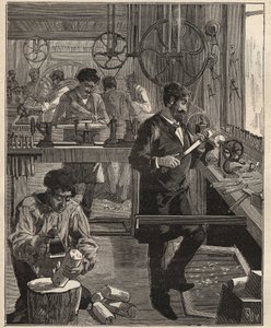 Die Kunst des Drehens: Drechslerwerkstatt auf Holz. Gravur von 1885 in „Les arts et métiers illustrés“ von Adolphe Bitard. von Unknown artist