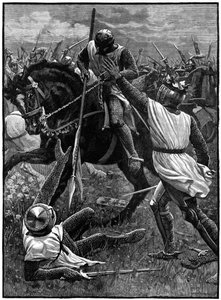 Die Schlacht von Evesham, 4. August 1265. (ca. 1800). Evesham markierte das Ende des Zweiten Baronenkriegs. Royalistische Truppen unter der Führung von Prinz Edward (Edward I.) besiegten Simon de Montfort (ca. 1208-1265), der in der Schlacht getötet wurde. von Unknown artist