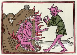 Der Belial-Prozess: „Der Belial-Dämon kehrt zum Eingang der Unterwelt zurück“. Gravur aus „Der Belial-Prozess“ von Jacobus de Teramo (oder Palladino), Augsburg von Unknown artist