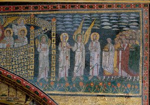 Die Auserwählten, geführt von einem Engel: Detail vom Triumphbogen mit dem himmlischen Jerusalem. Mosaik, frühes 9. Jahrhundert. S. Prassede, Rom, Italien von Unknown artist
