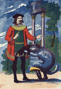 Der gestiefelte Kater bietet dem König ein Kaninchen an. Illustration für „Le chat Botte“, Märchen von Charles Perrault (1628-1703), französischer Schriftsteller. Anonyme Illustration. Bildmaterial Marcel Vagne, Jarville Nancy, undatiert (spätes 19. Jahrhu von Unknown artist