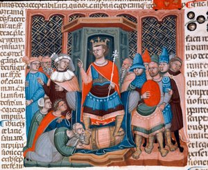 Der byzantinische Kaiser Justinian I. (482-565) umgeben von Juristen und Soldaten seines Hofes