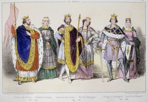 Die Kapetinger. Von links nach rechts: Ludwig VI. genannt der Dicke (1081-1137), Adelaide oder Alix von Savoyen (? -1154), Ludwig VII. genannt der Jüngere (1120-1180), Alix von Champagne (1140-1206), Philipp II. genannt August (1165-1223) und Isabelle von  von Unknown artist
