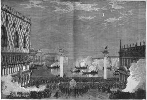 Der Karneval von Venedig: die Nacht des fetten Sonntags auf der Piazzetta. Gravur in „L