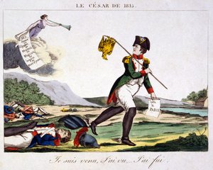 Der Cäsar von 1815 - Ich kam, ich sah... ich rannte weg. Karikatur über Napoleon I., der vom Schlachtfeld flieht, auf dem die toten französischen Soldaten verstreut liegen. Gravur 1815 - Napoleon Bonaparte (15. August 1769 - 5. Mai 1821) war ein französisc von Unknown artist