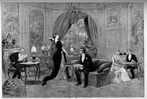 Der Graf von Riverolles, Francine, Stanislas de Grandredon, Therese Smith und Henri de Simeux, Charaktere des Stücks „Francillon“, Komödie von Alexandre Dumas (1824-1895), gespielt an der Comédie-Française (1887) in Paris. Gravur in „Le monde illustré“