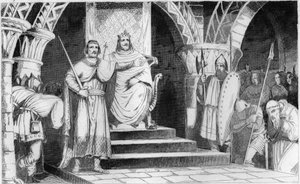 Die Krönung von Chilperic II. (670-721) - Chilperic II. (670-721) wird 715 von Rainfroi (Ragenfred) (Bürgermeister des Neustrier Palastes) auf den Thron gesetzt - Gravur von 1825 in „Histoire de France“