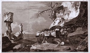 Die Osterinsel (Rapa Nui) in Polynesien nach den „Viaggi del Capitano Cook“, Gravur des 19. Jahrhunderts