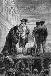 Die Hinrichtung von König Karl I. - Hinrichtung von König Karl I. Stuart von England (1600-1649) in Whitehall - Der König gibt dem Bischof seine Halskette mit den Worten „Erinnere dich“ - Gravur in „The History of England, from the Most Retarse Times“